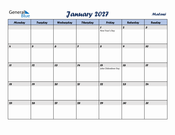 January 2027 Calendar with Holidays in Malawi