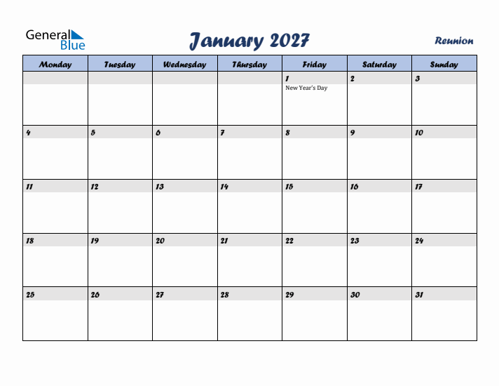 January 2027 Calendar with Holidays in Reunion