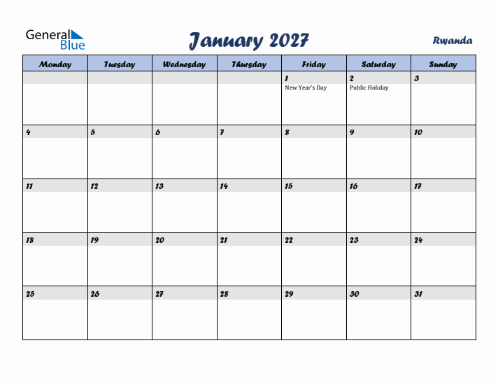 January 2027 Calendar with Holidays in Rwanda