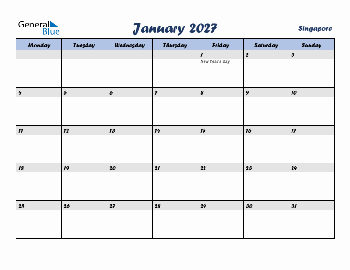 January 2027 Calendar with Holidays in Singapore