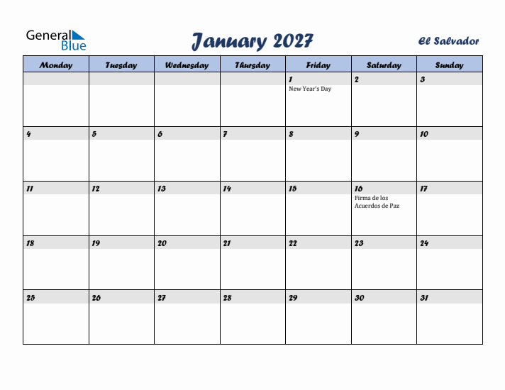 January 2027 Calendar with Holidays in El Salvador