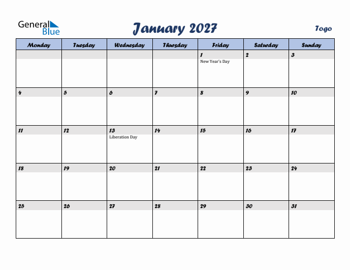 January 2027 Calendar with Holidays in Togo