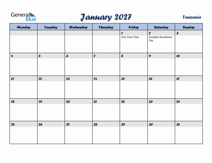 January 2027 Calendar with Holidays in Tanzania