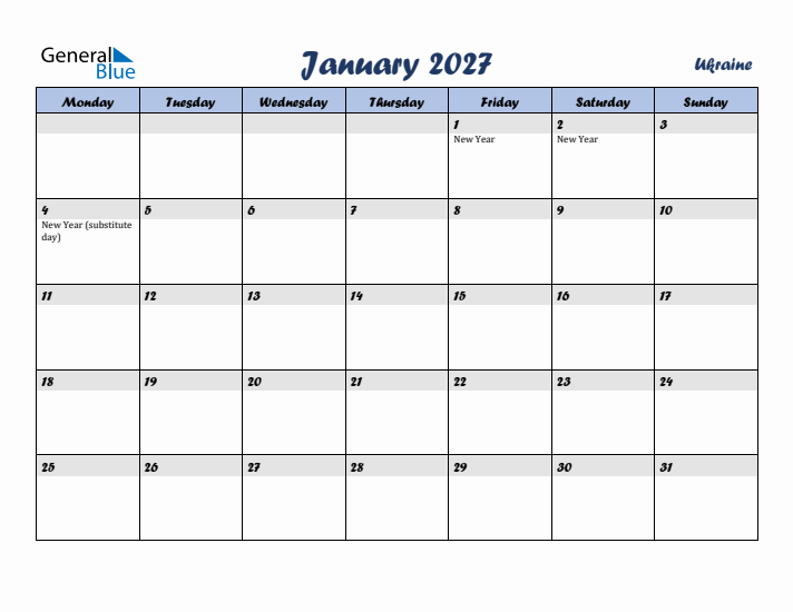 January 2027 Calendar with Holidays in Ukraine