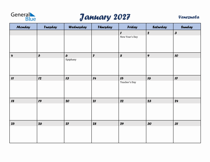 January 2027 Calendar with Holidays in Venezuela