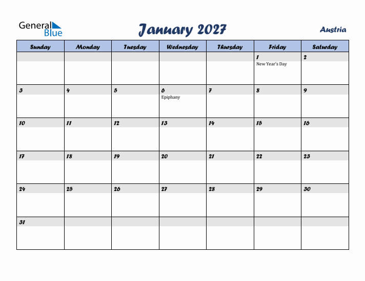 January 2027 Calendar with Holidays in Austria