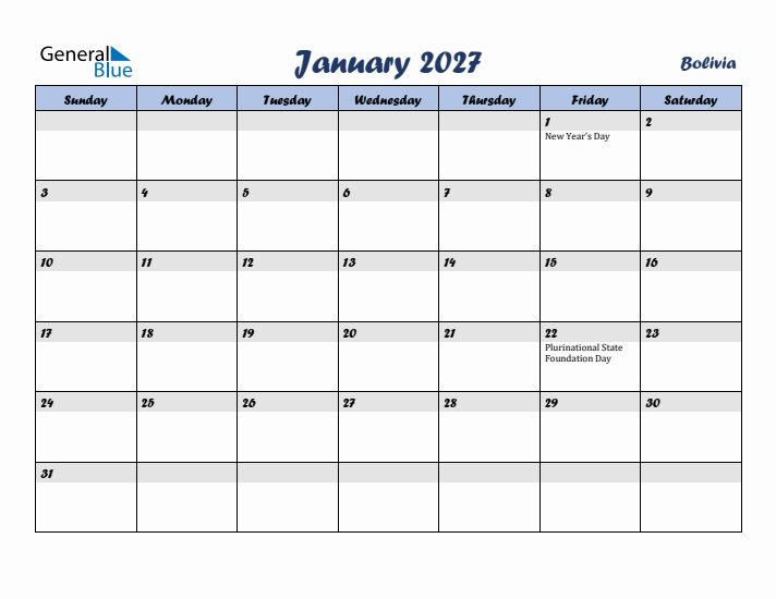 January 2027 Calendar with Holidays in Bolivia