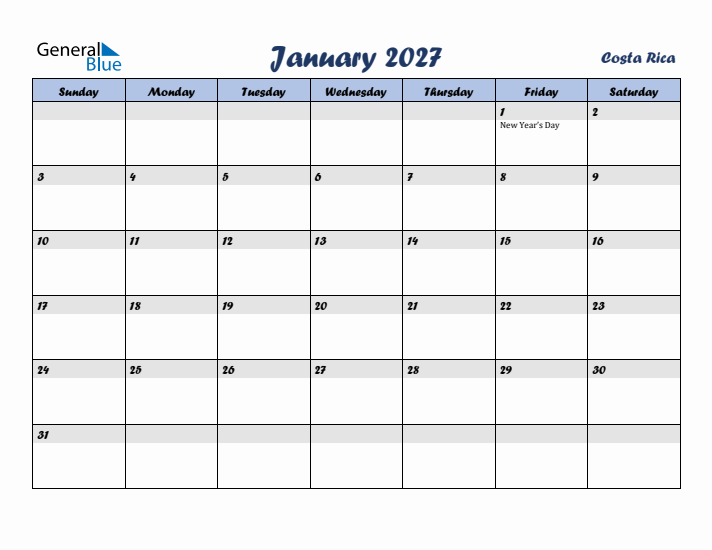 January 2027 Calendar with Holidays in Costa Rica