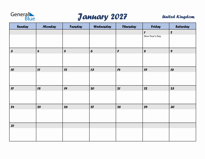 January 2027 Calendar with Holidays in United Kingdom