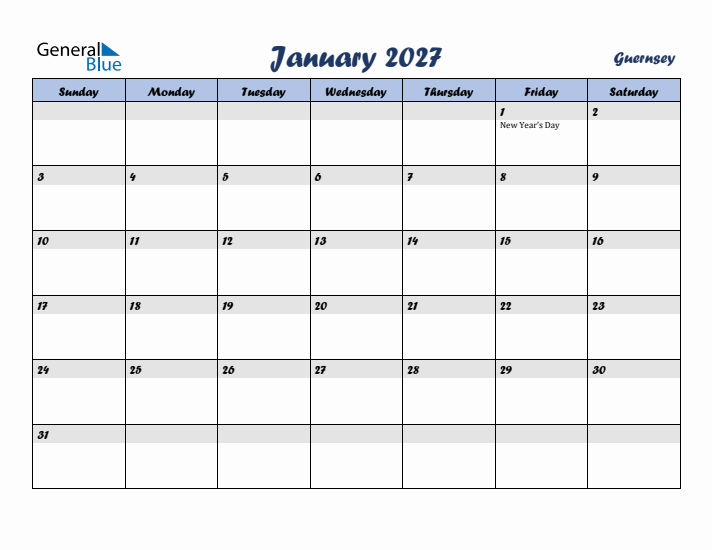 January 2027 Calendar with Holidays in Guernsey