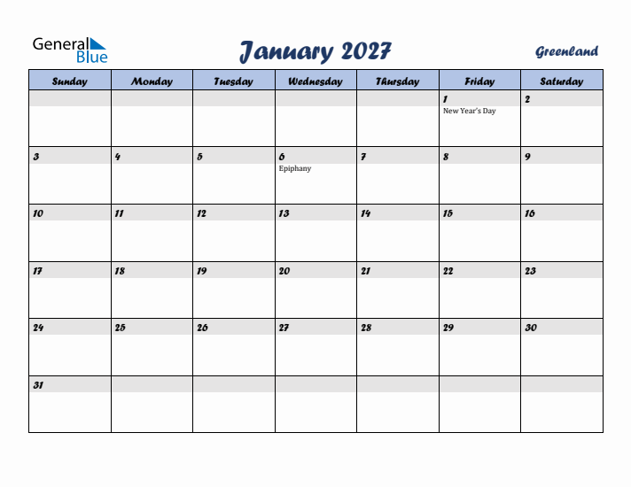 January 2027 Calendar with Holidays in Greenland