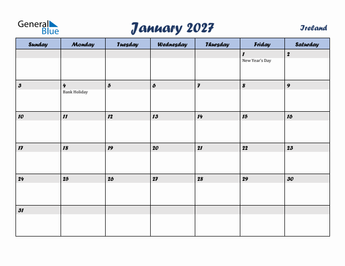 January 2027 Calendar with Holidays in Ireland