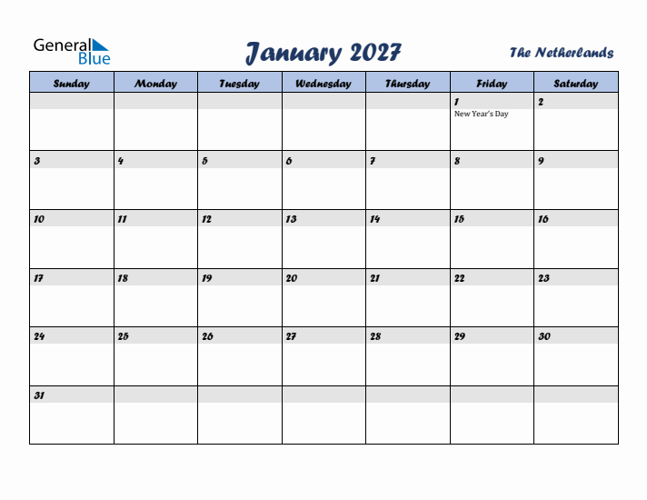 January 2027 Calendar with Holidays in The Netherlands