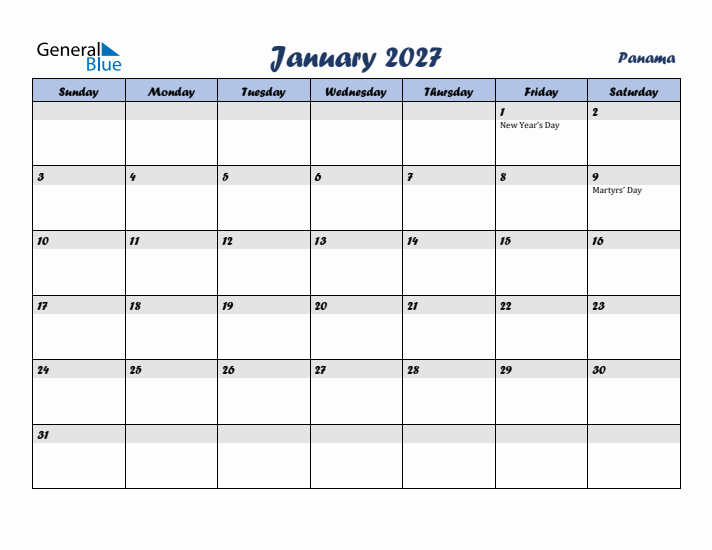 January 2027 Calendar with Holidays in Panama