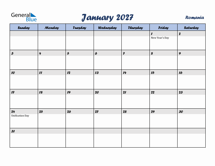 January 2027 Calendar with Holidays in Romania