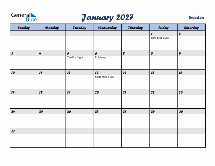 January 2027 Calendar with Holidays in Sweden