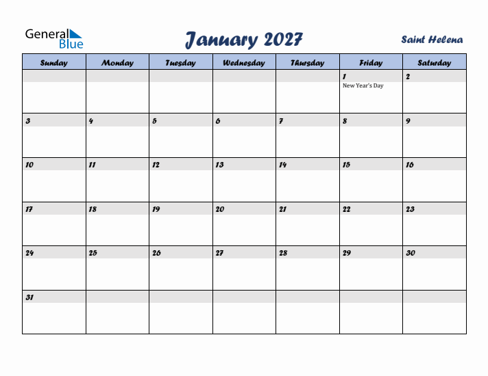 January 2027 Calendar with Holidays in Saint Helena