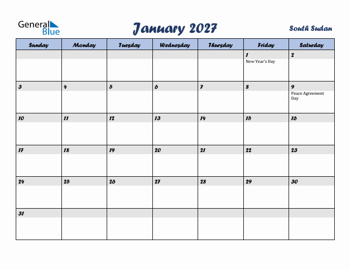 January 2027 Calendar with Holidays in South Sudan