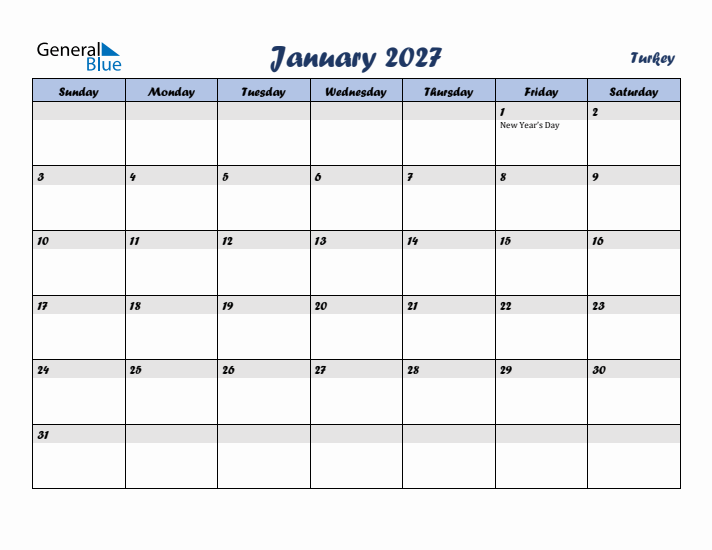 January 2027 Calendar with Holidays in Turkey