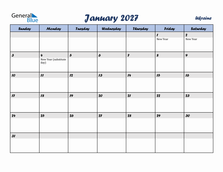 January 2027 Calendar with Holidays in Ukraine