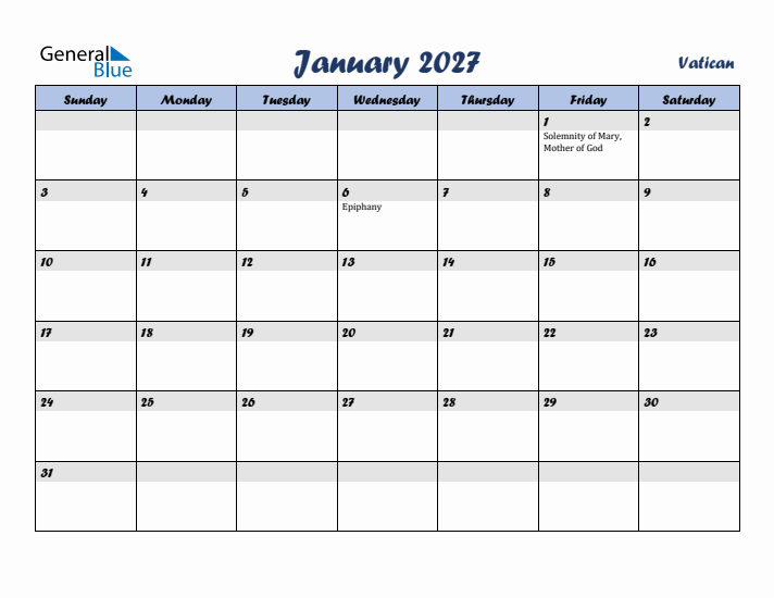 January 2027 Calendar with Holidays in Vatican