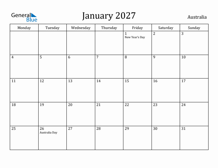 January 2027 Calendar Australia