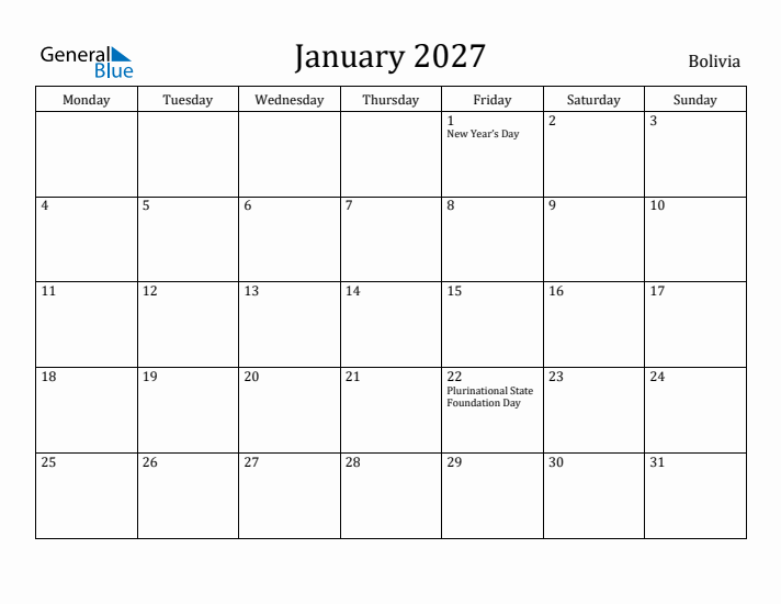 January 2027 Calendar Bolivia