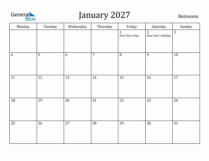 January 2027 Calendar Botswana