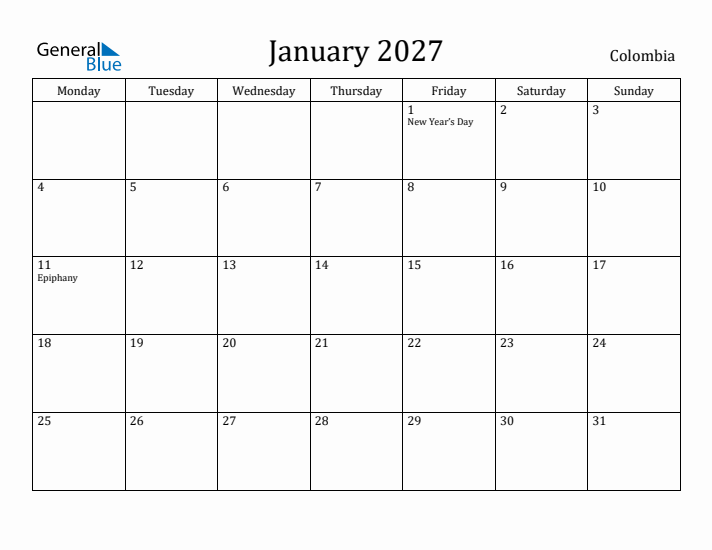 January 2027 Calendar Colombia