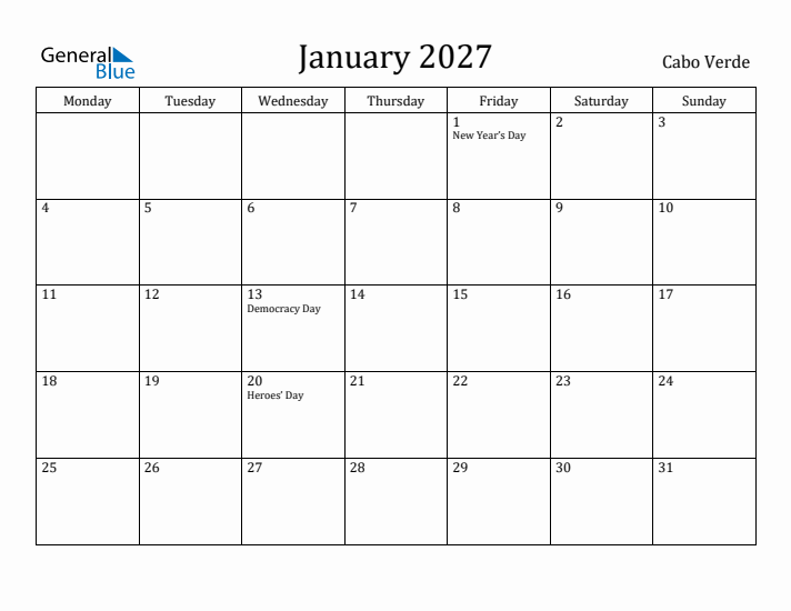 January 2027 Calendar Cabo Verde