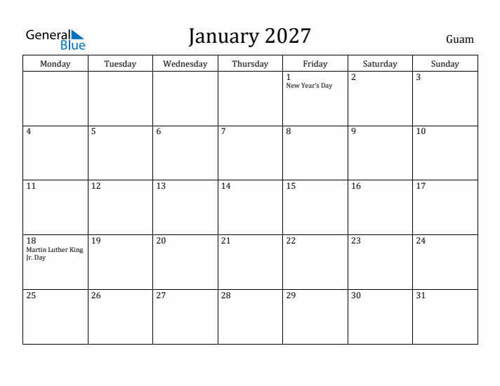 January 2027 Calendar Guam