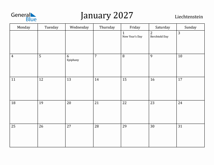 January 2027 Calendar Liechtenstein