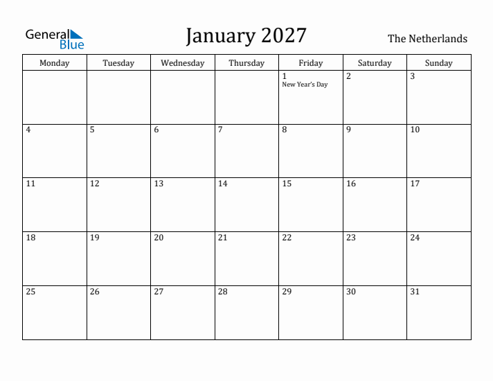 January 2027 Calendar The Netherlands