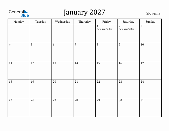 January 2027 Calendar Slovenia