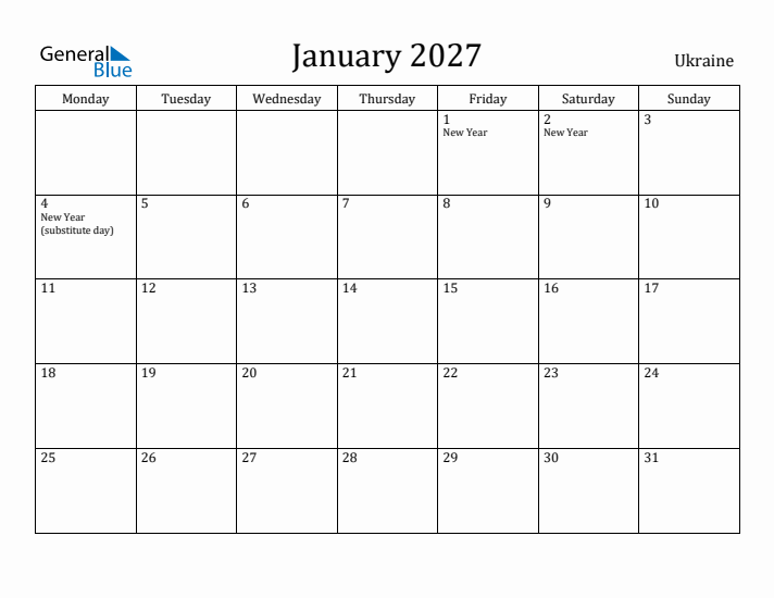 January 2027 Calendar Ukraine