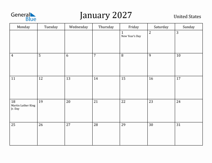 January 2027 Calendar United States