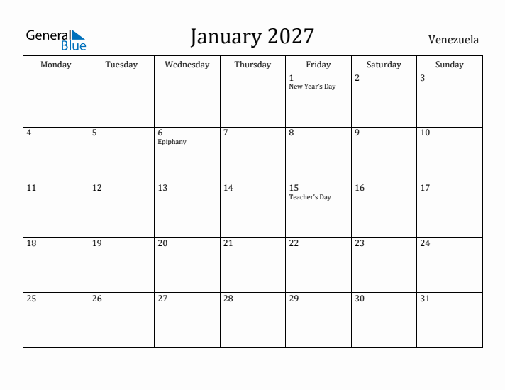 January 2027 Calendar Venezuela