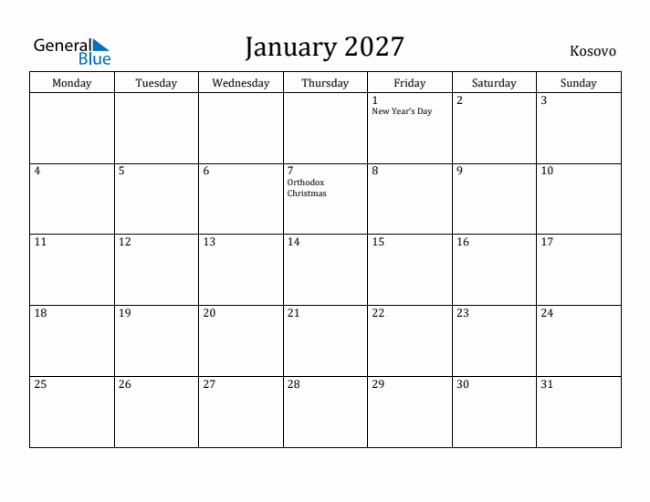 January 2027 Calendar Kosovo