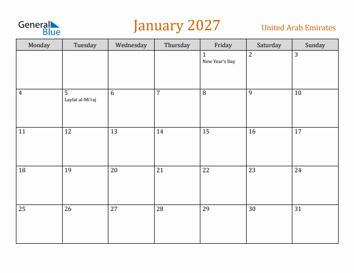 January 2027 Holiday Calendar with Monday Start