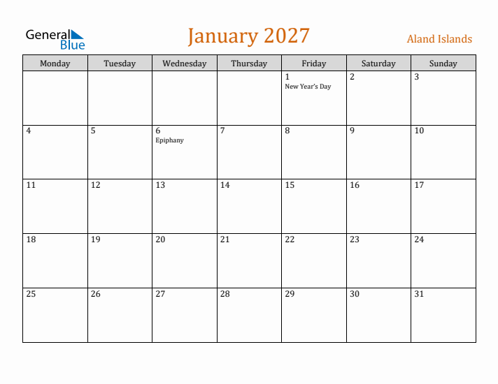 January 2027 Holiday Calendar with Monday Start