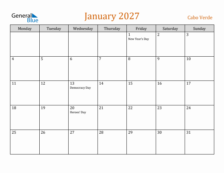 January 2027 Holiday Calendar with Monday Start