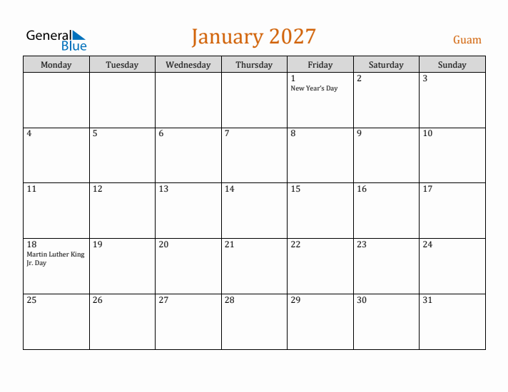 January 2027 Holiday Calendar with Monday Start