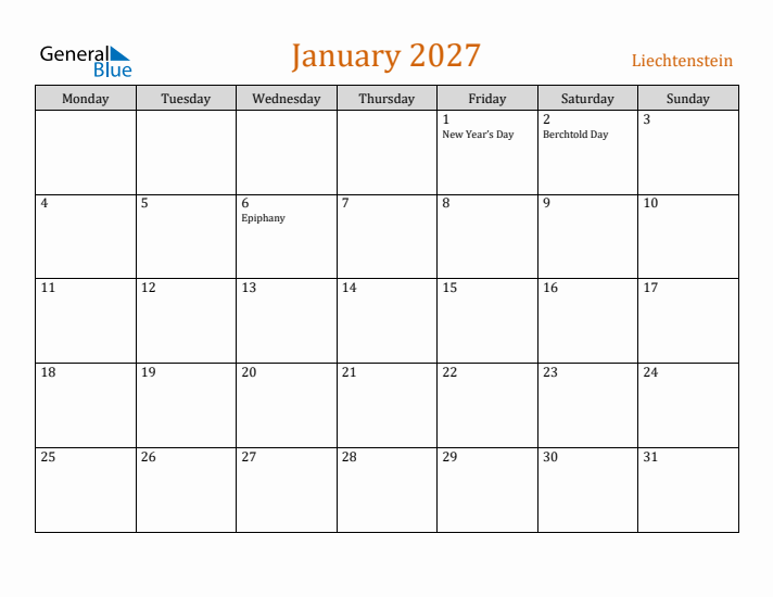 January 2027 Holiday Calendar with Monday Start