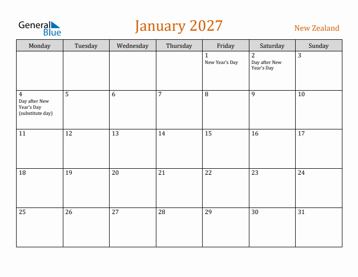 January 2027 Holiday Calendar with Monday Start