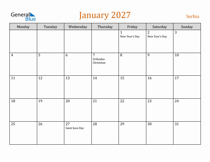 January 2027 Holiday Calendar with Monday Start