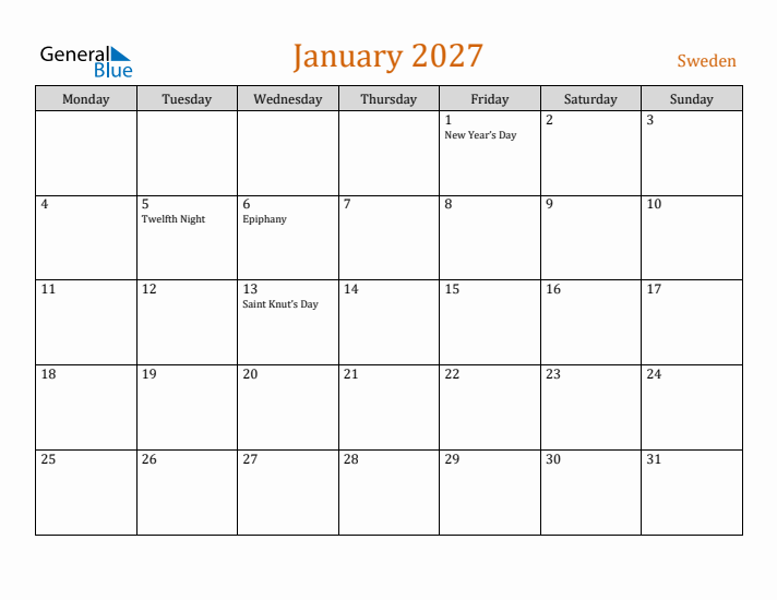 January 2027 Holiday Calendar with Monday Start