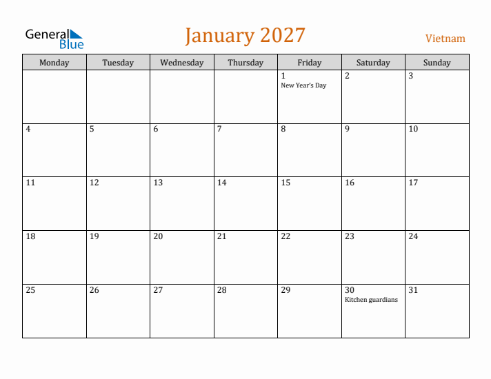 January 2027 Holiday Calendar with Monday Start