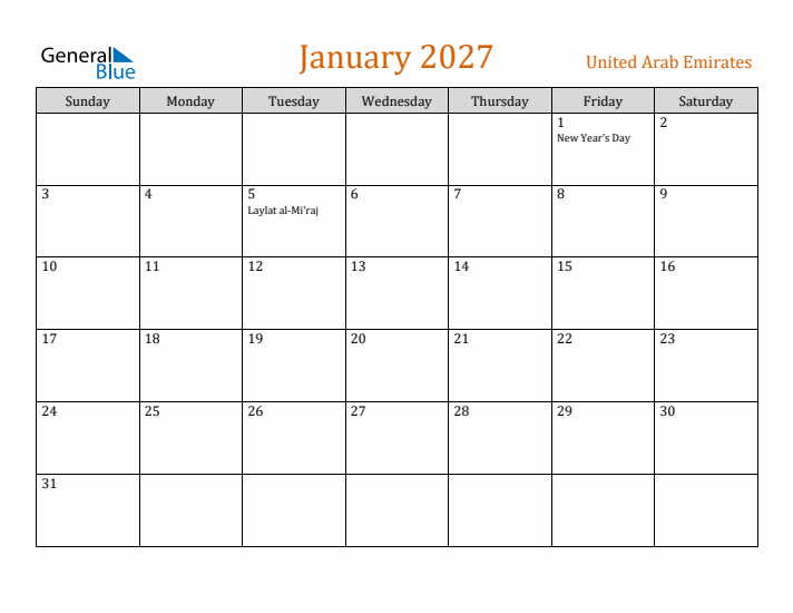 January 2027 Holiday Calendar with Sunday Start