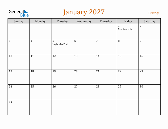 January 2027 Holiday Calendar with Sunday Start