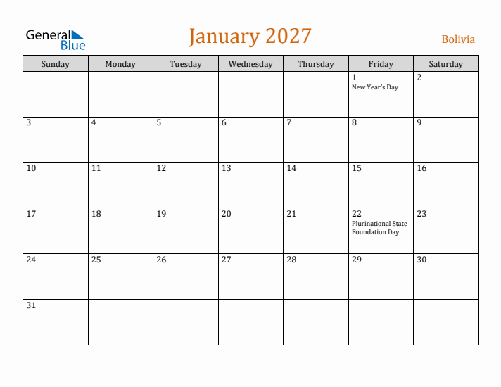 January 2027 Holiday Calendar with Sunday Start